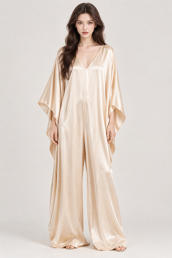 Champagne Satin Oversized Kaftan Jumpsuit With Batwing Sleeves