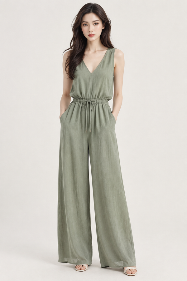 Boho Sleeveless Sage Green V-Neck Drawstring Waist Relaxed Fit Jumpsuit