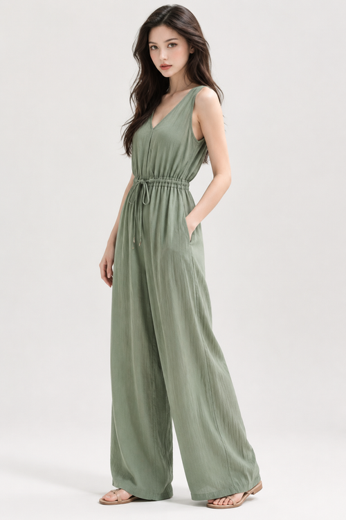 Boho Sleeveless Sage Green V-Neck Drawstring Waist Relaxed Fit Jumpsuit