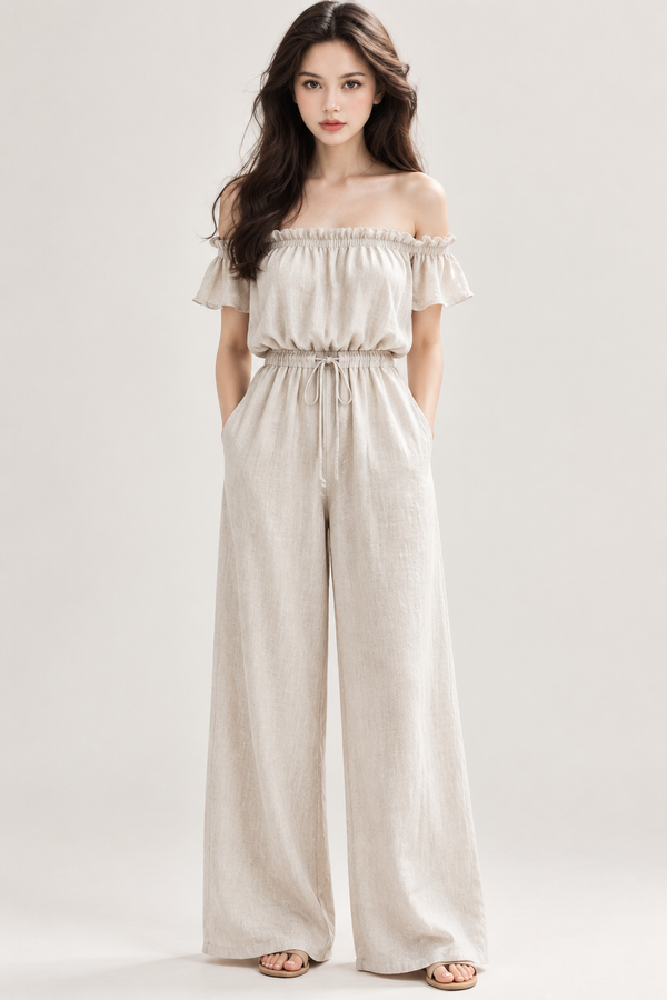 Effortlessly create a summer off-shoulder linen jumpsuit