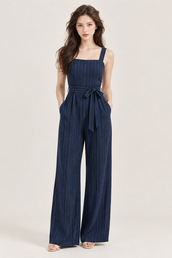 Modern Bohemian Navy Blue Pinstripe Jumpsuit