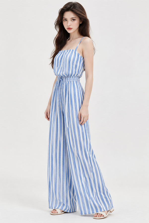 Vacation Style Blue And White Striped Strappy Jumpsuit